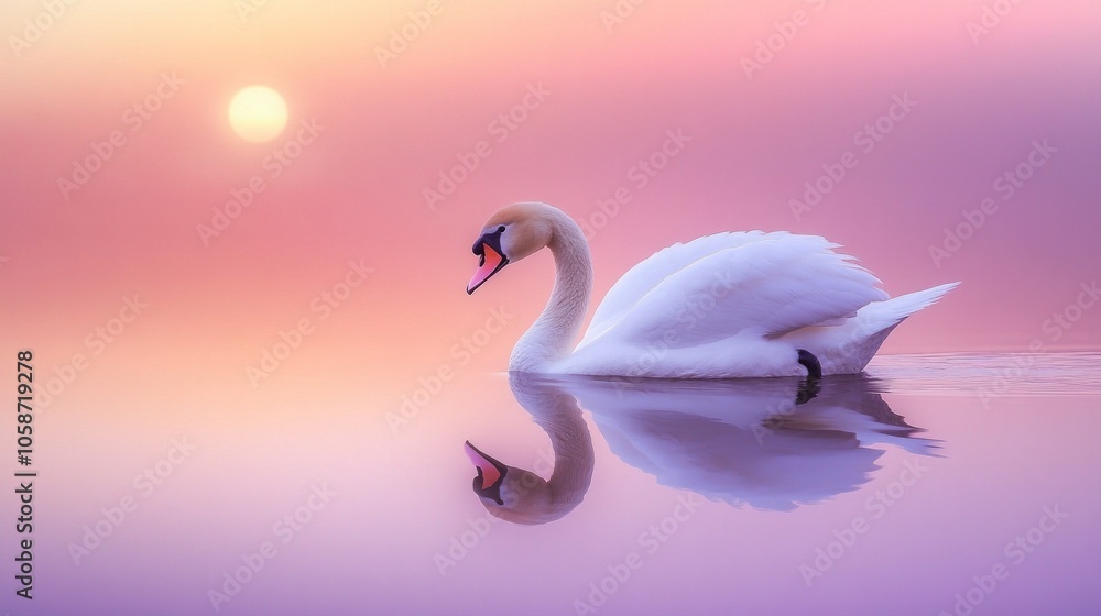 Fototapeta premium A swan is swimming in a pond with a pink and orange sky in the background