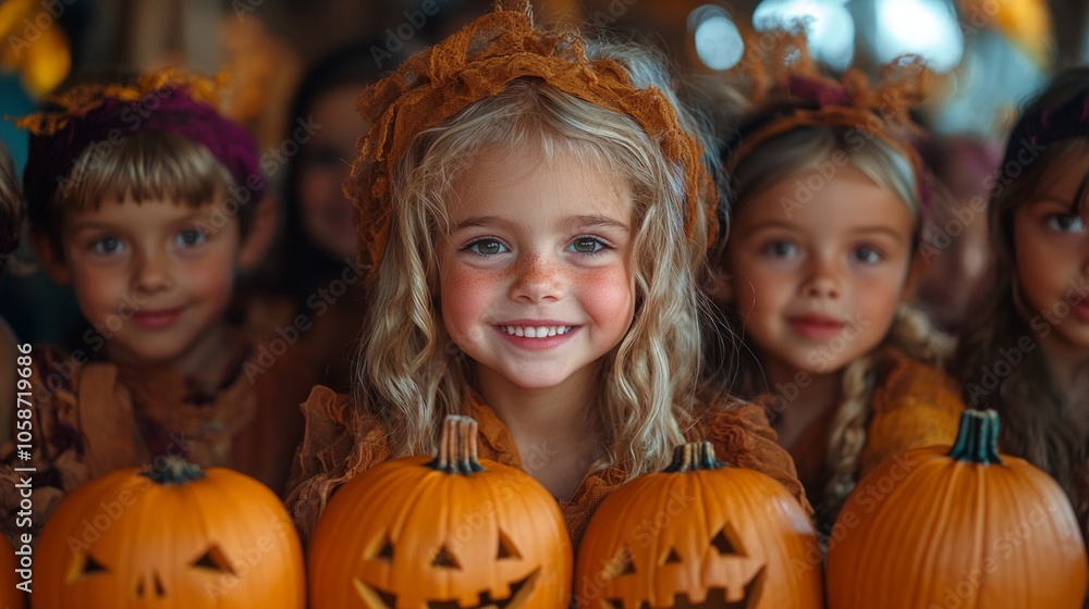 A group of children are wearing Halloween costumes and holding pumpkins A group of children are wearing Halloween costumes and holding pumpkins