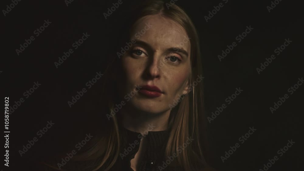 Woman with long blonde hair is modeling in a fashion photoshoot, transitioning between light and dark backgrounds and smoky and clear air Woman with long blonde hair is modeling in a fashion photoshoot, transitioning between light and dark backgrounds and smoky and clear air