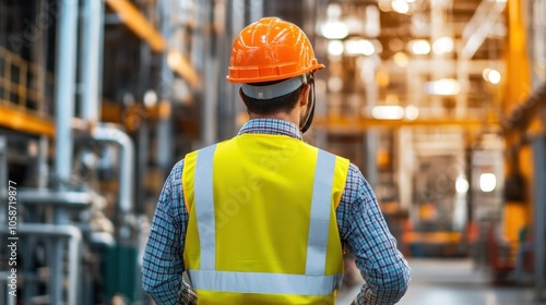 A construction worker wearing a hard hat and safety vest stands in a factory or industrial setting, looking towards a blurred background of machinery and equipment.