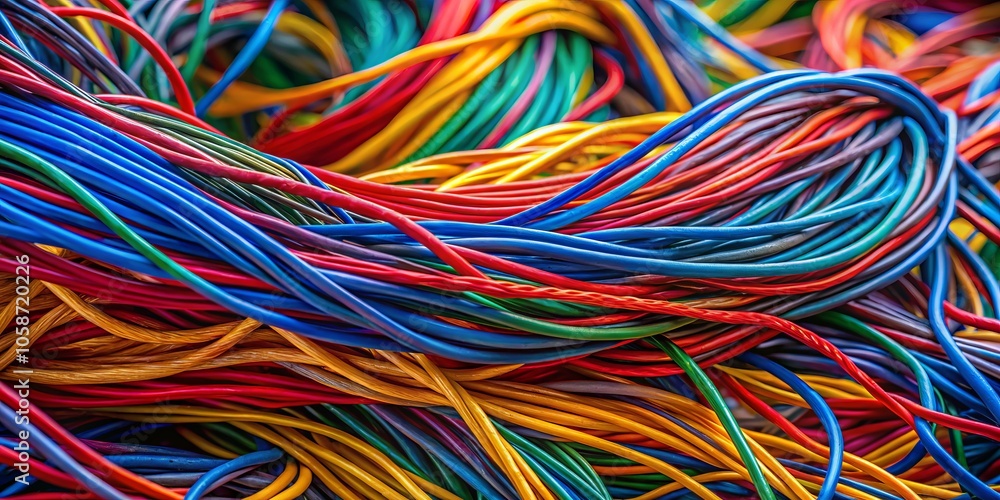 Vivid electrical wires intertwine, creating a surreal world of vibrant connections and intricate textures, inviting exploration through the lens of abstract photography. Vivid electrical wires intertwine, creating a surreal world of vibrant connections and intricate textures, inviting exploration through the lens of abstract photography.