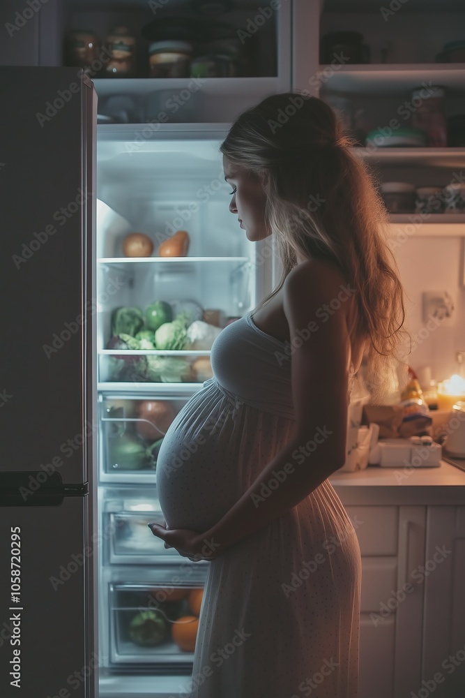 A pregnant woman illuminated by the refrigerator light stands contemplatively, surrounded by healthy vegetables at night. A pregnant woman illuminated by the refrigerator light stands contemplatively, surrounded by healthy vegetables at night.