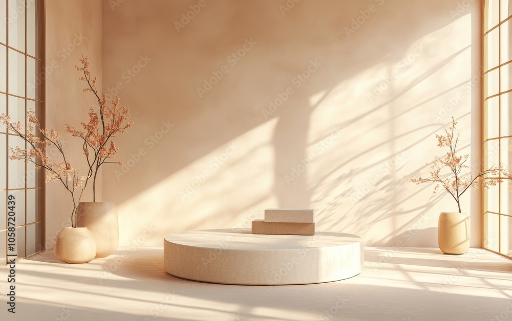 A serene 3D render of a minimalist product display featuring a beige podium and a circular platform, complemented by abstract geometric elements in a pastel peach-colored studio A serene 3D render of a minimalist product display featuring a beige podium and a circular platform, complemented by abstract geometric elements in a pastel peach-colored studio