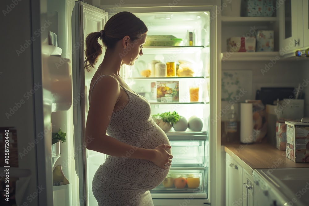 A pregnant woman stands in dim light, thoughtfully looking inside an open refrigerator, highlighting a moment of contemplation. A pregnant woman stands in dim light, thoughtfully looking inside an open refrigerator, highlighting a moment of contemplation.
