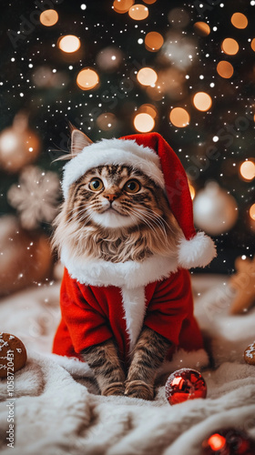 Xmas vibes - christmas mood - happy funny cute mainecoon cat kitty wearing santa claus hat in front of christmas tree. Vertical banner for instagram story, reel or tiktok