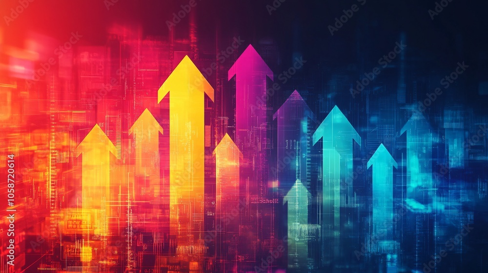 Dynamic Economic Growth Concept with Trending Arrows and Bar Graphs on Gradient Background - Vector Illustration with Currency Icons Dynamic Economic Growth Concept with Trending Arrows and Bar Graphs on Gradient Background - Vector Illustration with Currency Icons