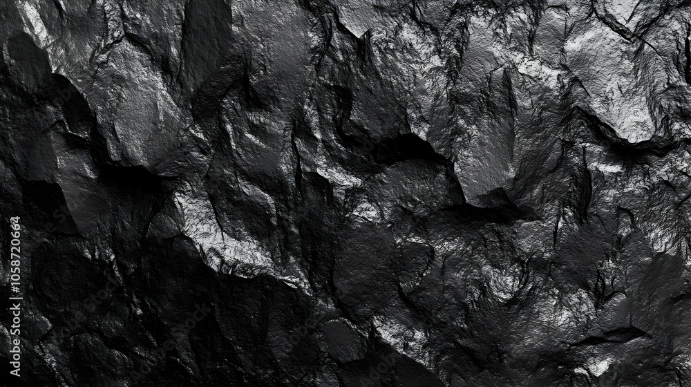 Textured rock face close-up in a striking black and white finish Textured rock face close-up in a striking black and white finish