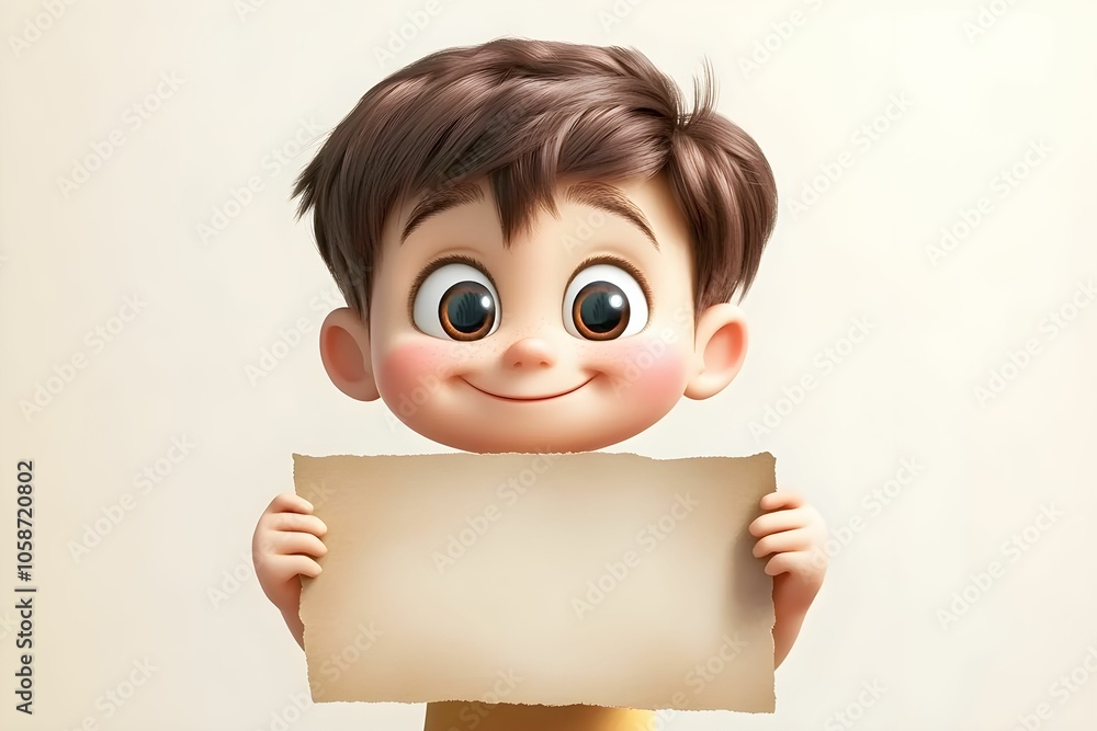 3D A cheerful cartoon boy with big eyes holds a blank sign, inviting messages or drawings in a light, playful style. 3D A cheerful cartoon boy with big eyes holds a blank sign, inviting messages or drawings in a light, playful style.