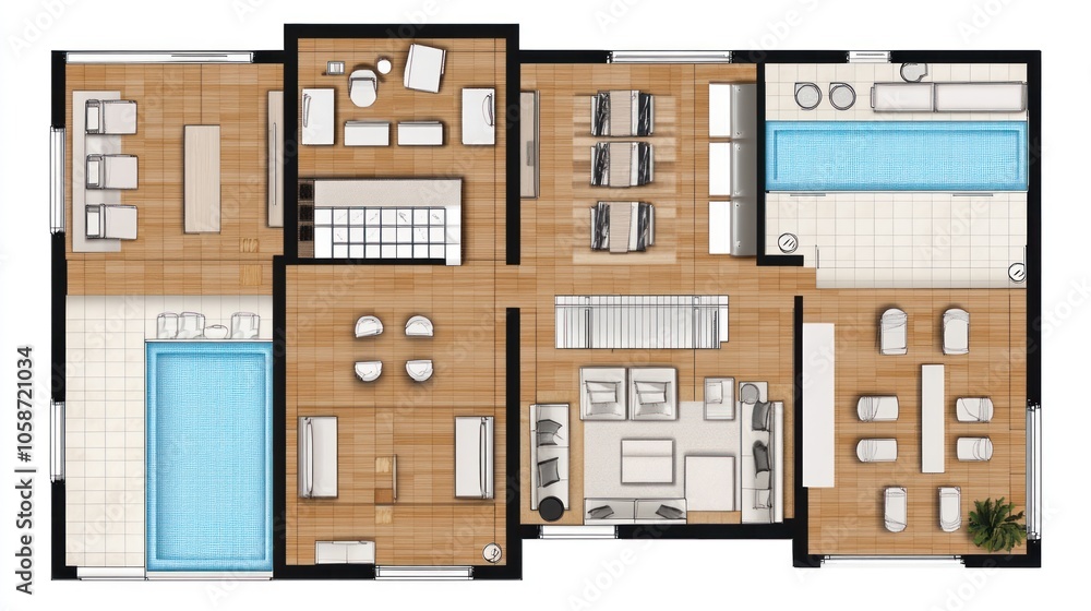 Top view floor plan of a modern house with two pools, a large living room, kitchen, dining room, and bedrooms. Top view floor plan of a modern house with two pools, a large living room, kitchen, dining room, and bedrooms.