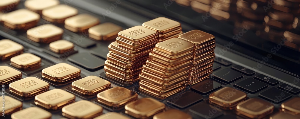 Stacks of gold bars on a laptop keyboard, symbolizing wealth and finance in a modern digital age with a sleek, sophisticated look. Stacks of gold bars on a laptop keyboard, symbolizing wealth and finance in a modern digital age with a sleek, sophisticated look.