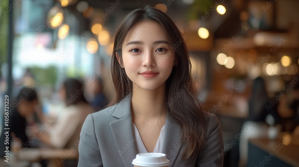 Confident Woman with Coffee in Bright Café. Confident young woman holding a coffee cup in a bright, modern café, symbolizing business meetings, networking, and relaxation. Confident Woman with Coffee in Bright Café. Confident young woman holding a coffee cup in a bright, modern café, symbolizing business meetings, networking, and relaxation.