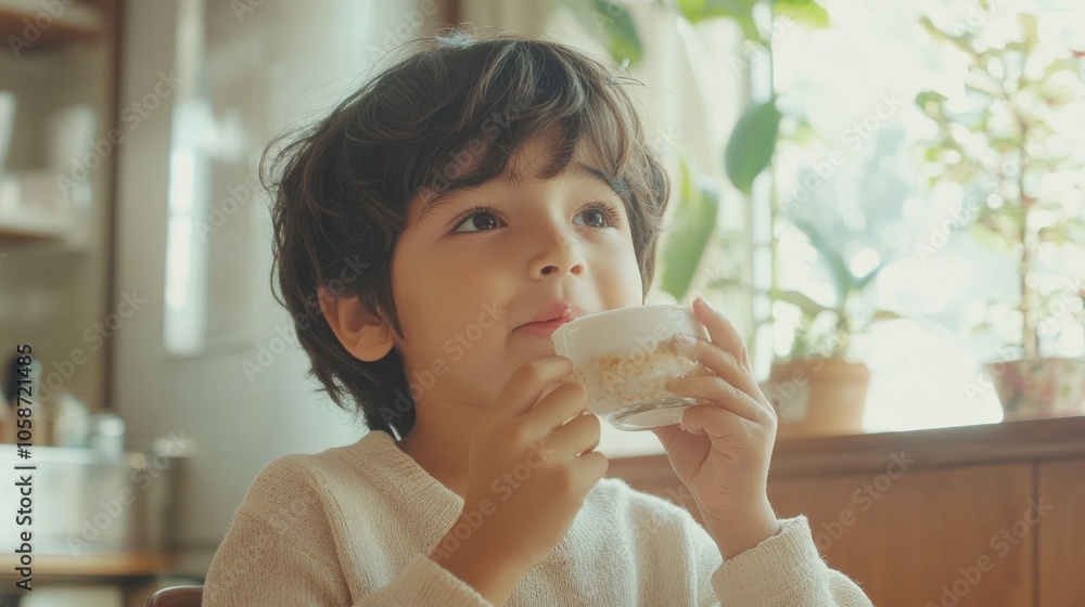 A young boy is drinking from a cup