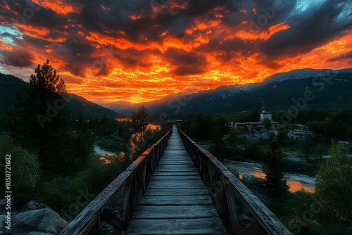 A wooden pathway leads into a vibrant sunset over mountains, reflecting warm hues on the water, creating a serene and picturesque landscape.