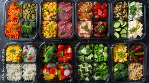 Neatly Organized Meal Prep Containers Brimming with Fresh Vegetables, Grains, and Lean Proteins, Representing Thoughtful Balanced Diet Planning and Effective Portion Control for Healthy Living