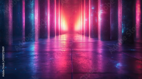 Abstract background showing purple and blue neon lines on dark floor, with reflections in the foreground, created by generative AI