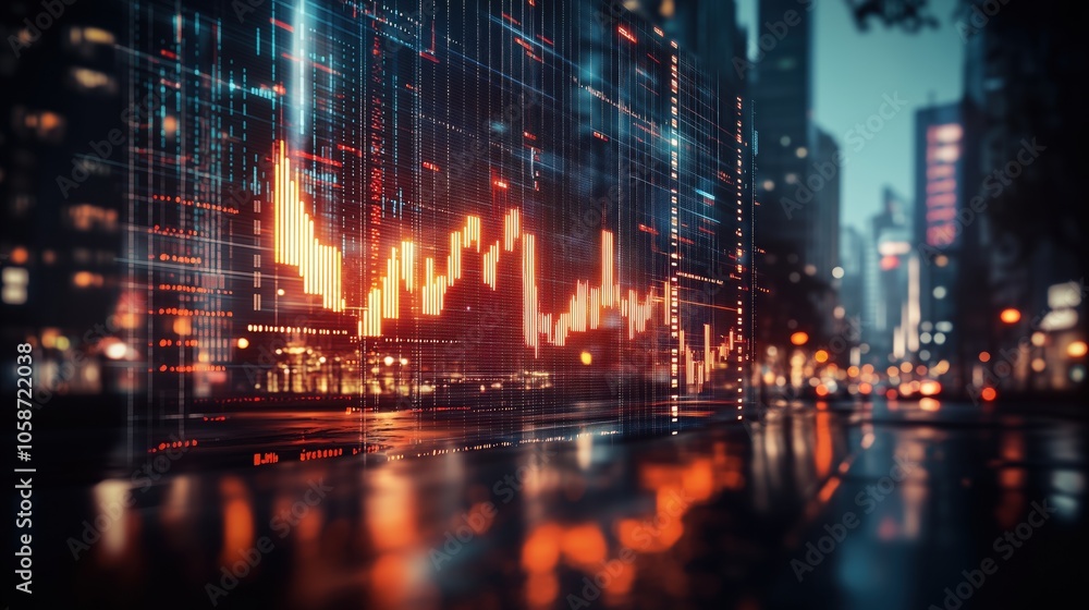 Fototapeta premium Urban Financial Market Data in City Landscape. Digital financial market graph overlaid on a cityscape, illustrating modern trading, investment, and urban economic trends