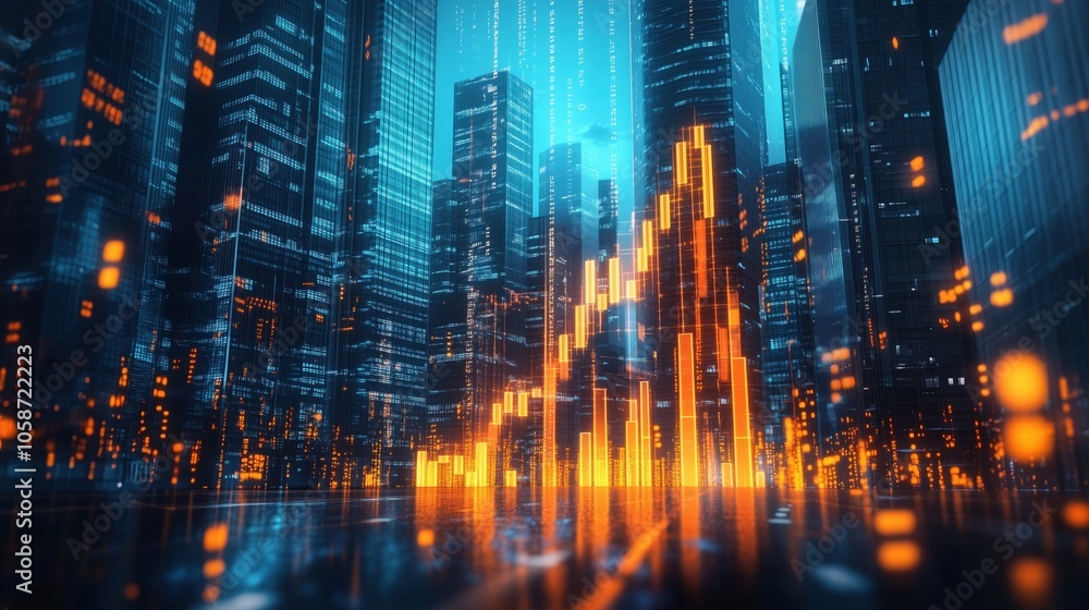 Stock Market Growth Chart Over City Skyline. Digital growth chart overlaid on a futuristic city skyline, symbolizing the rise of financial markets and urban economic expansion. Stock Market Growth Chart Over City Skyline. Digital growth chart overlaid on a futuristic city skyline, symbolizing the rise of financial markets and urban economic expansion.