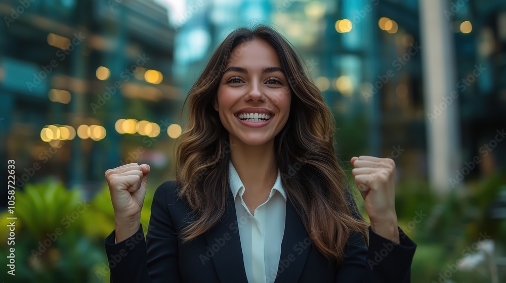 Excited Young Woman Celebrating Success at Work. Young businesswoman in a professional setting celebrates her work success, representing empowerment, achievement, and professional growth.