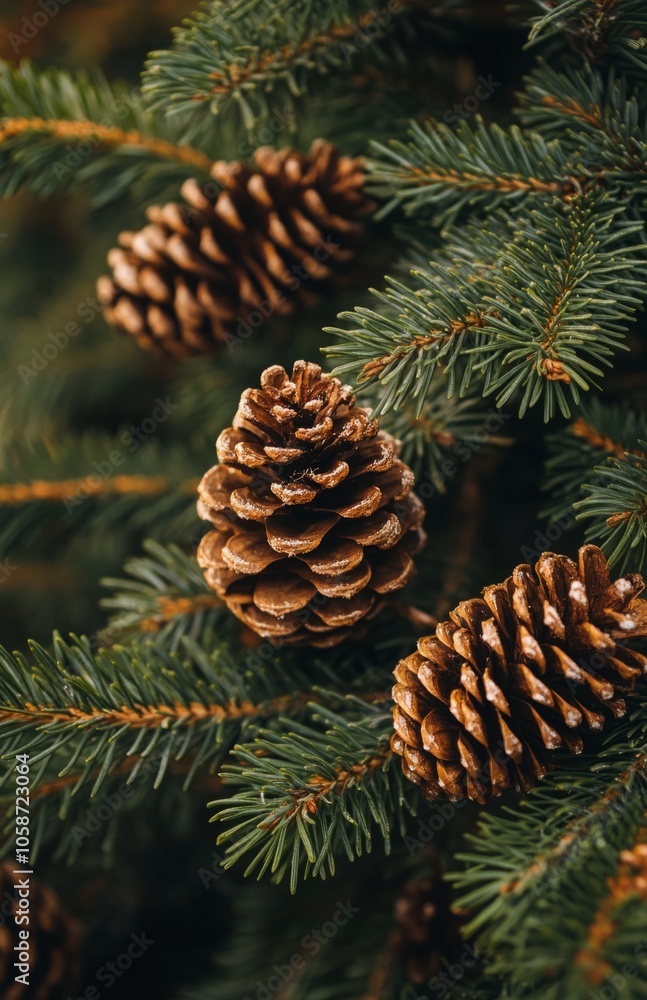 Fir tree branches and pine cones close-up background Fir tree branches and pine cones close-up background