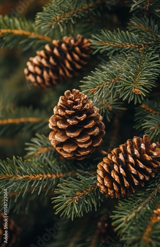 Fir tree branches and pine cones close-up background