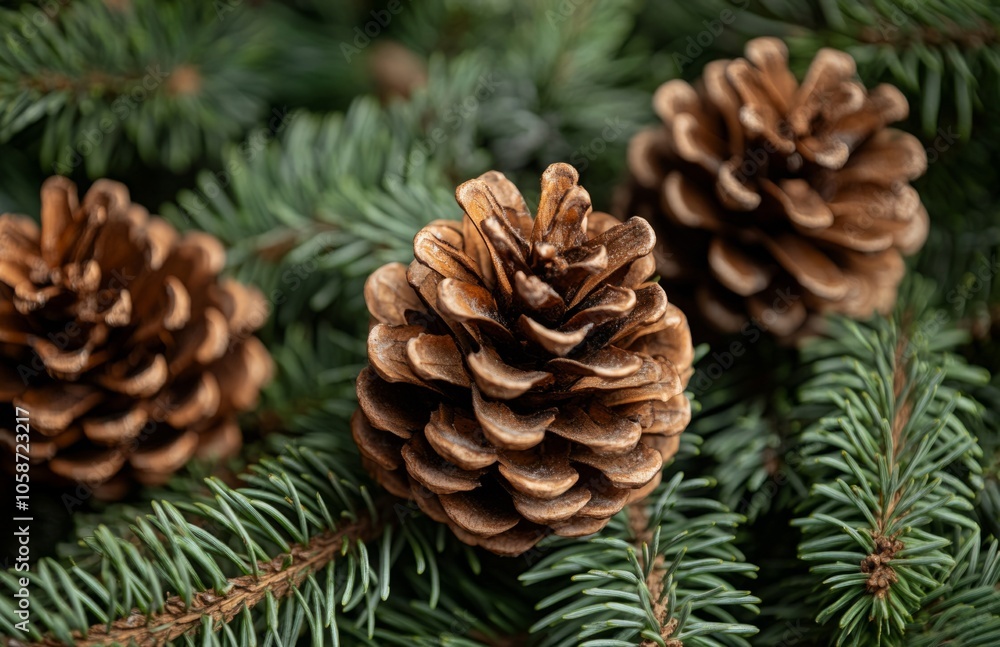 Fir tree branches and pine cones close-up background Fir tree branches and pine cones close-up background