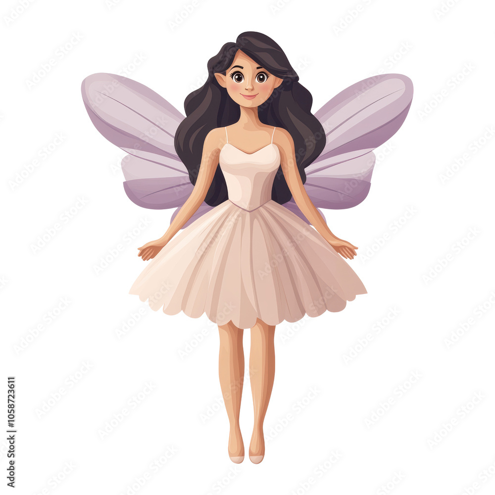 A charming illustration of a fairy with long dark hair, wearing a delicate pastel dress and lavender wings isolated on transparent background, png, Perfect for whimsical designs and magical themes. A charming illustration of a fairy with long dark hair, wearing a delicate pastel dress and lavender wings isolated on transparent background, png, Perfect for whimsical designs and magical themes.