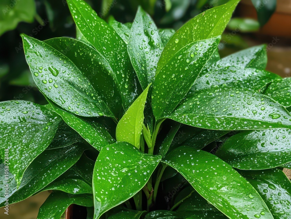 Lush green leaves adorned with sparkling rain droplets, showcasing nature's vibrant beauty. Lush green leaves adorned with sparkling rain droplets, showcasing nature's vibrant beauty.