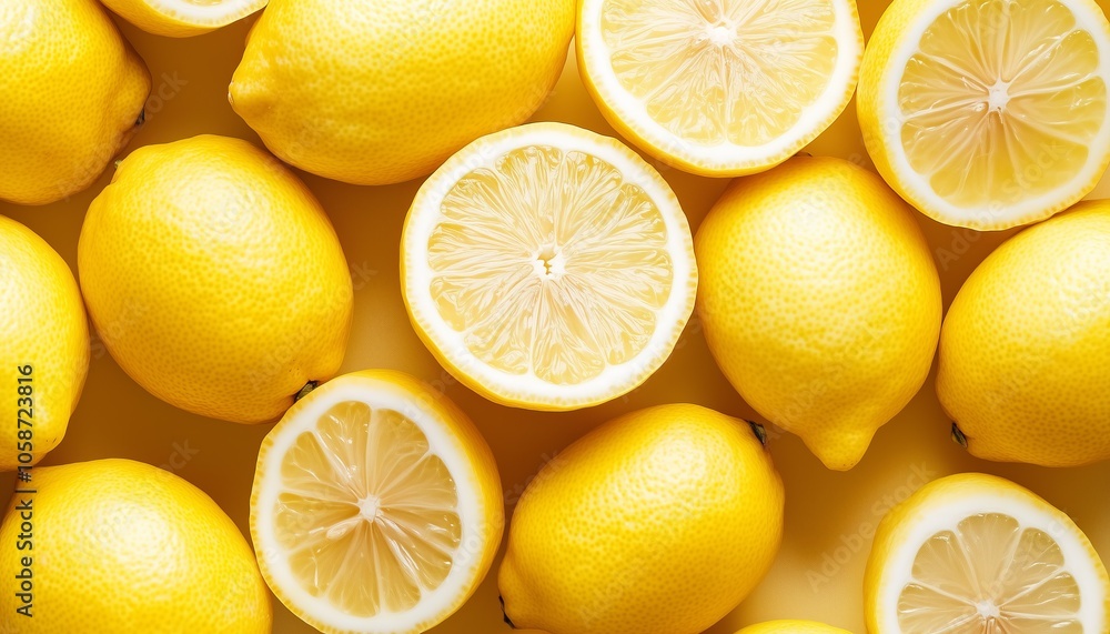 Vibrant whole and sliced lemons displayed on a matching yellow backdrop for a bright and refreshing aesthetic. Vibrant whole and sliced lemons displayed on a matching yellow backdrop for a bright and refreshing aesthetic.