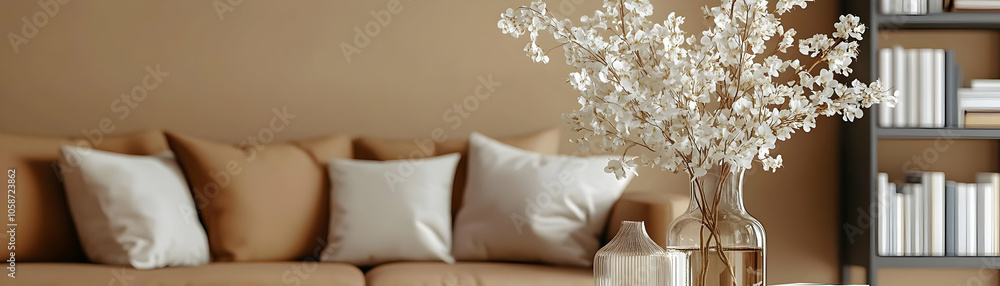 Modern Living Room Interior Design with White Flowers Modern Living Room Interior Design with White Flowers