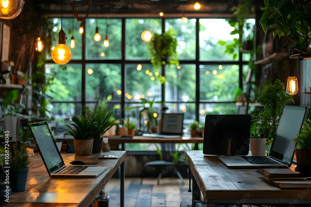 Cozy Office Photo - Green Plants, Laptops, Wooden Desk, Warm Lighting Cozy Office Photo - Green Plants, Laptops, Wooden Desk, Warm Lighting