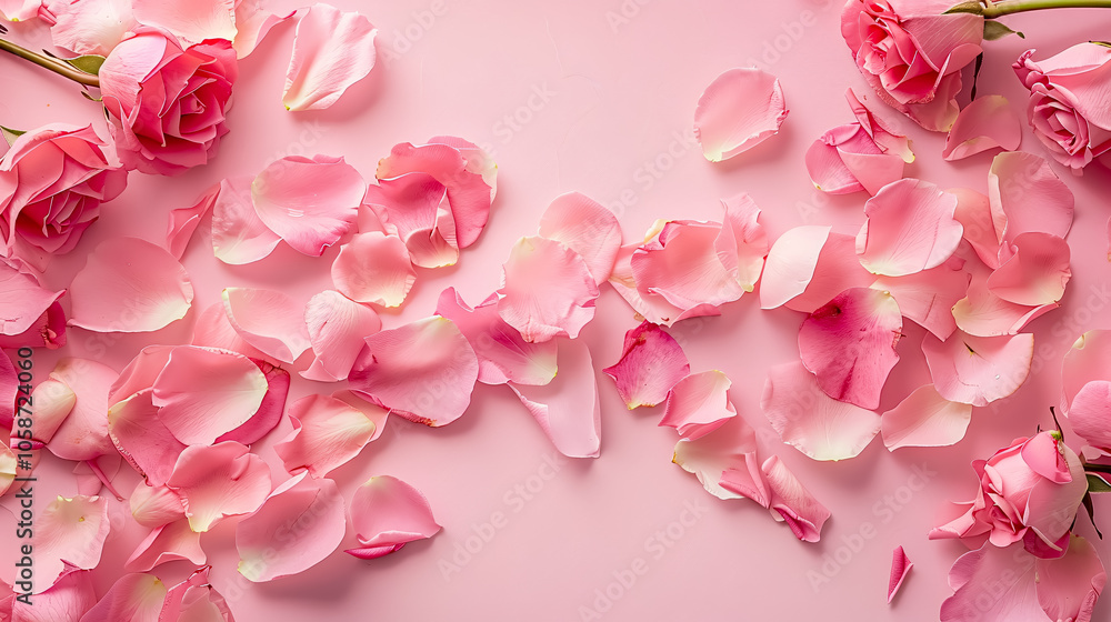 Fototapeta premium Pink rose petals arranged on a pastel pink background.