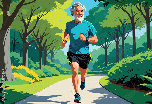 Senior Man Jogging on Path in Sunny Park