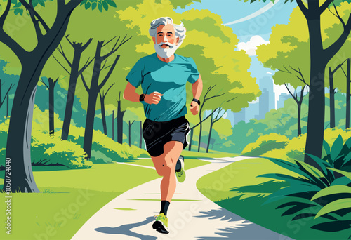 Senior Man Jogging on Path in Sunny Park