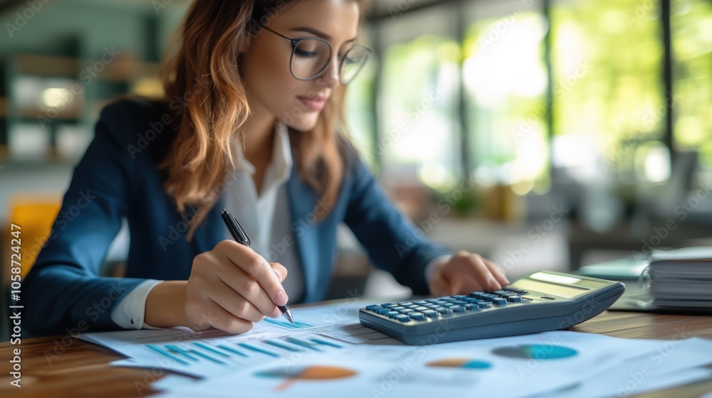 Fototapeta premium Businesswoman in glasses analyzing financial charts and using a calculator, representing finance, analysis, and strategic planning in business.