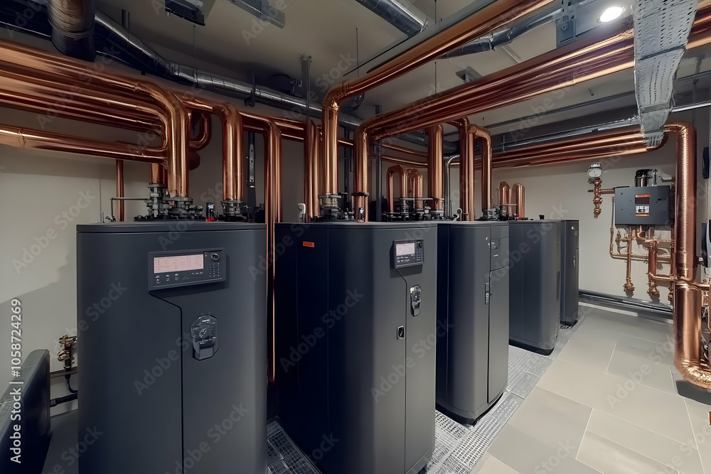 Photo: Modern Industrial Boiler Room with Copper Pipes and Black Boilers Photo: Modern Industrial Boiler Room with Copper Pipes and Black Boilers