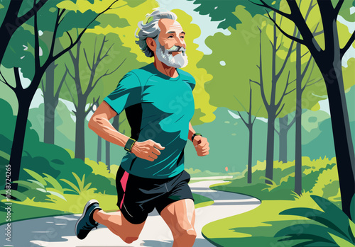 Senior Man Jogging on Path in Sunny Park