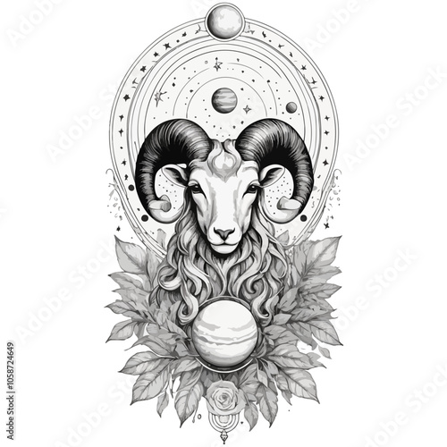 Aries Astrological zodiac horoscope sign, line art silhouette design illustration.