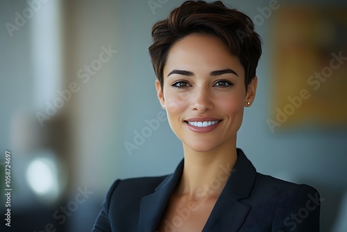 Confident Businesswoman with Short Brown Hair in a Suit