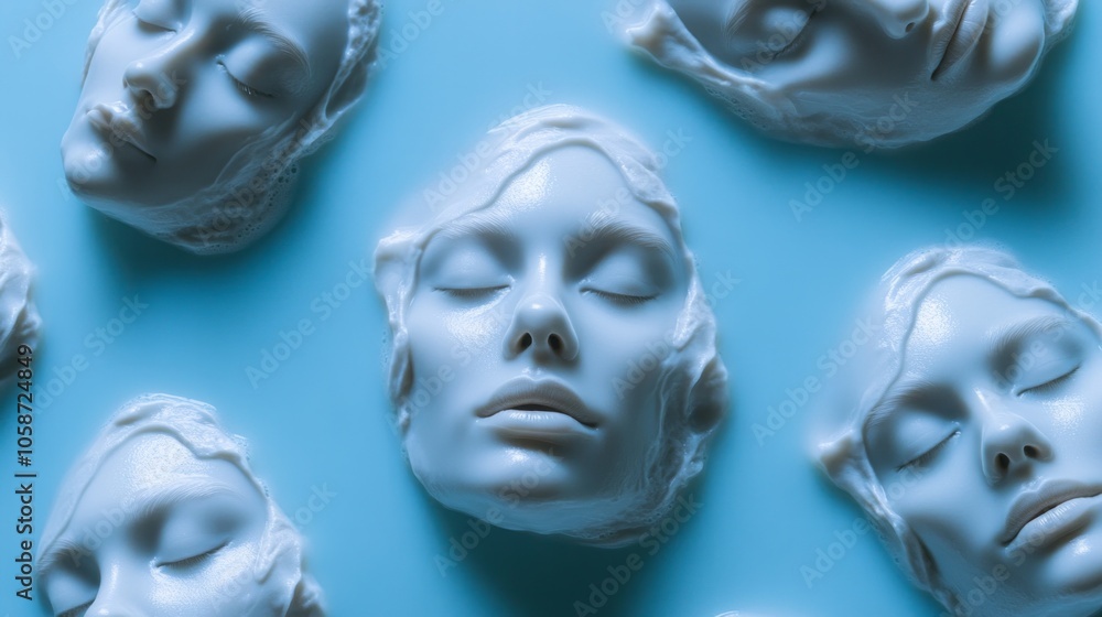 A group of white faces are floating in a blue body of water