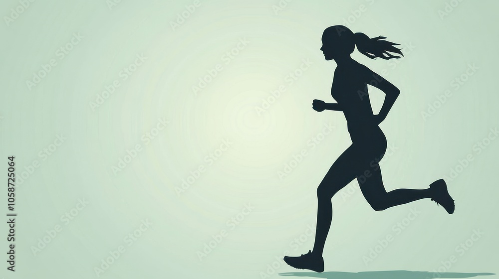 Silhouette of a woman running with her hair flowing in the wind, against a light blue background. Silhouette of a woman running with her hair flowing in the wind, against a light blue background.