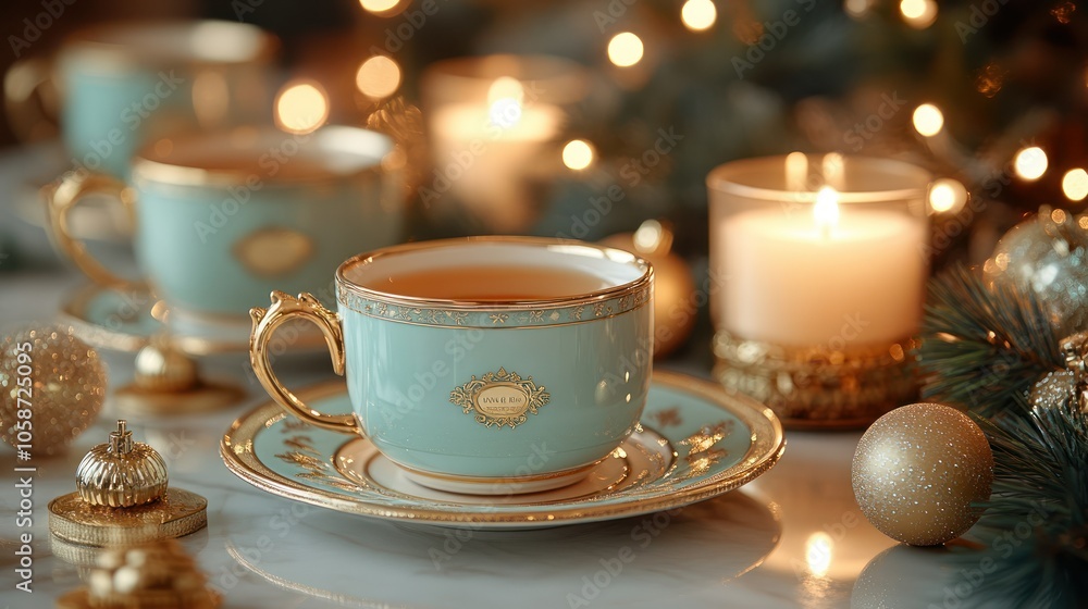A tea subscription box, with elegant packaging, placed on a Christmas-themed dining table with candles. A tea subscription box, with elegant packaging, placed on a Christmas-themed dining table with candles.
