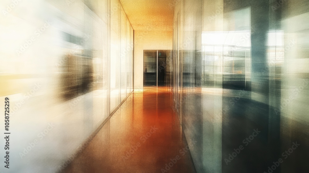 A blurry photograph of an office setting. The open corridor is flooded with natural light from the glass wall on the left A blurry photograph of an office setting. The open corridor is flooded with natural light from the glass wall on the left