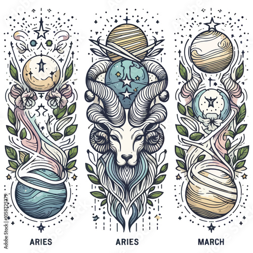 Aries Astrological zodiac horoscope sign, line art silhouette design illustration.