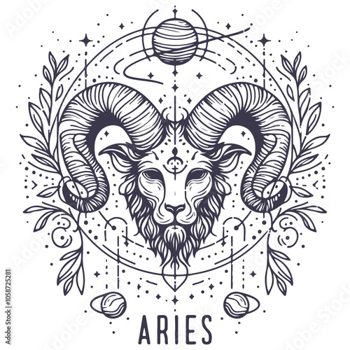 Aries Astrological zodiac horoscope sign, line art silhouette design illustration.