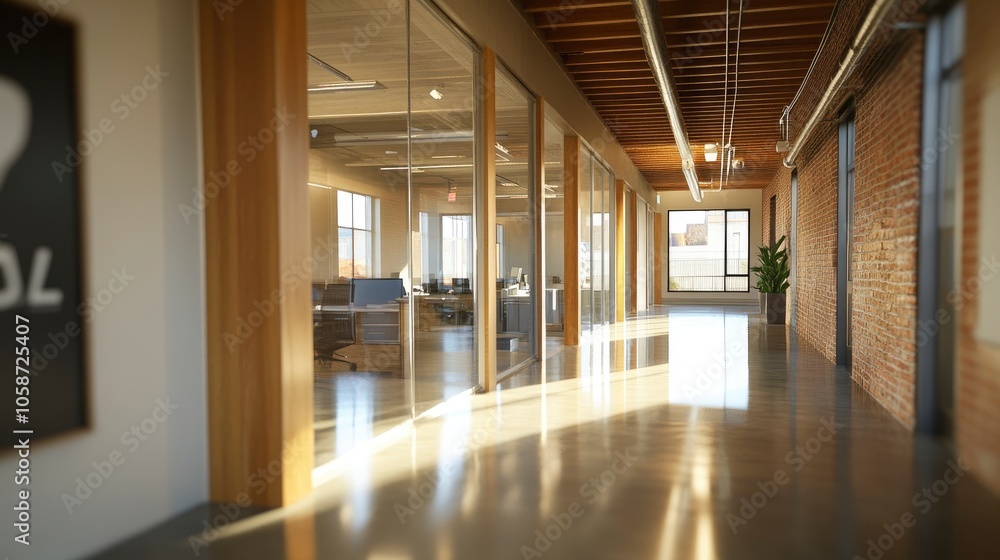 A blurry photograph of an office setting. The open corridor is flooded with natural light from the glass wall on the left A blurry photograph of an office setting. The open corridor is flooded with natural light from the glass wall on the left