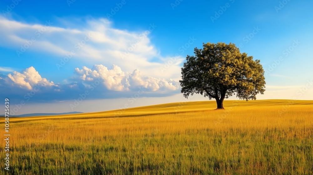 A solitary tree stands in a vast golden field under a bright blue sky with fluffy clouds. A solitary tree stands in a vast golden field under a bright blue sky with fluffy clouds.