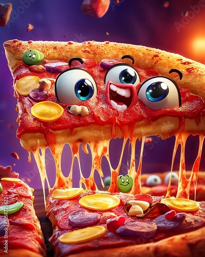 Cartoon pizza party scene, animated toppings with faces, fun food illustration, vibrant colors photo