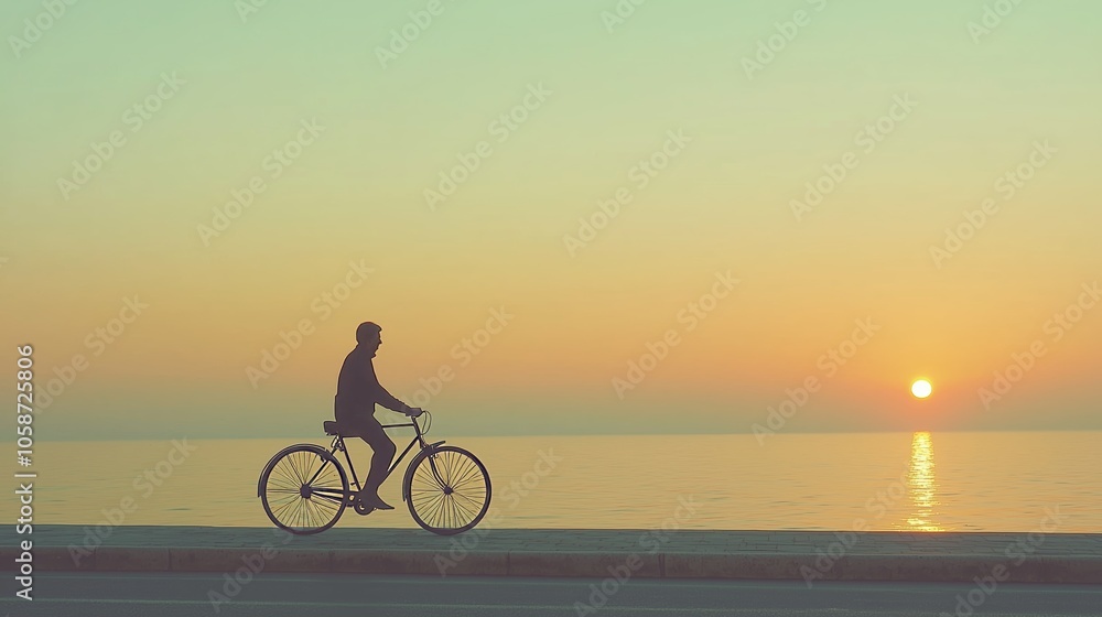 Fototapeta premium A silhouette of a cyclist pedals along a seaside path at sunset, creating a peaceful and tranquil scene.