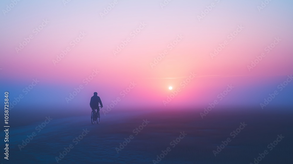 Silhouette of a cyclist riding into the sunrise on a misty road, creating a serene and atmospheric scene. Silhouette of a cyclist riding into the sunrise on a misty road, creating a serene and atmospheric scene.