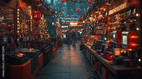 A tech store gift card, surrounded by modern gadgets and holiday-themed lights.